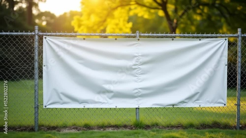 Blank billboard on fence in green park during sunset  