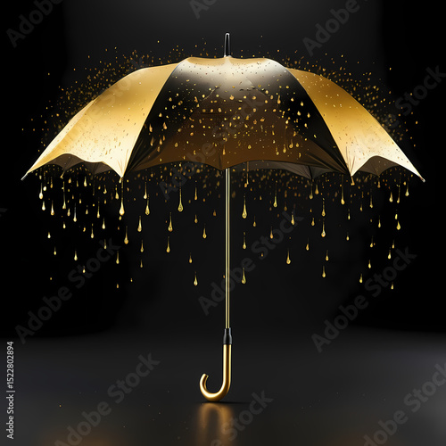 Black and Gold Umbrella with Golden Rain on Dark Background  