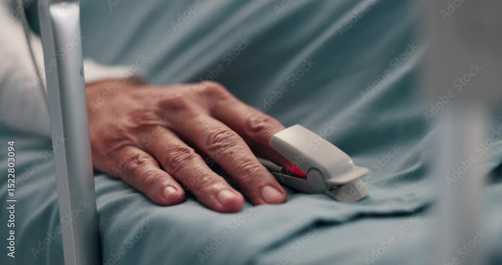 Hand, healthcare and oximeter with person in hospital bed for monitoring, recovery or treatment. Finger, heart rate and rest with patient in clinic for medical operation, procedure or surgery closeup Hand, healthcare and oximeter with person in hospital bed for monitoring, recovery or treatment. Finger, heart rate and rest with patient in clinic for medical operation, procedure or surgery closeup