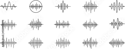 Sound waves flat line icons set. Vibration, soundwave, audio voice signal, abstract waveform frequency vector illustrations. Outline pictogram for music app. Editable Strokes