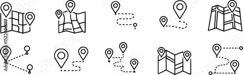 vector set of Route Optimization line icon, Route icon between two points with dotted path and location pin. Route location icon
