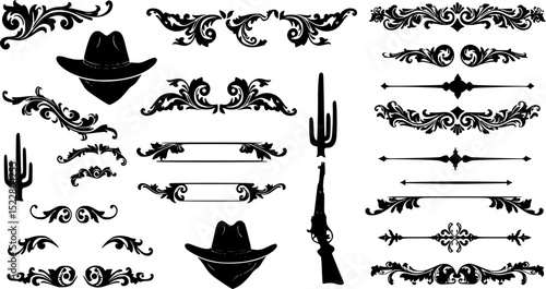 A large collection of old western design elements, embellishment, borders and divider lines.

