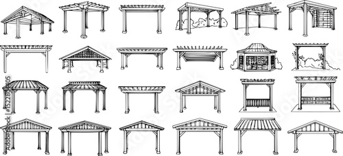 vector set of outline silhouette Pergola icon set

