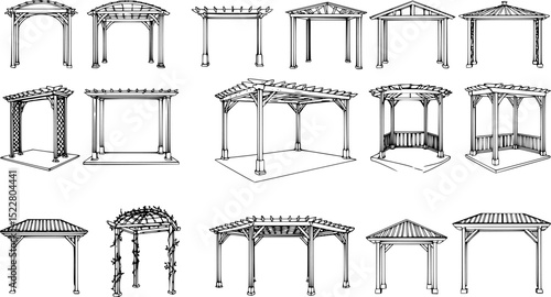 vector set of outline silhouette Pergola icon set

