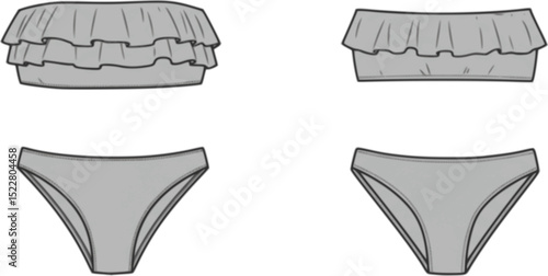womens ruffle trim bandeau bikini set strapless tube top two piece swim suit flat sketch vector illustration technical cad drawing template
