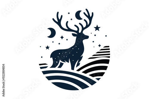 Deer Silhouette logo image. Hart, Pricket, Venison, Doe, Buck, Stag, Roe, Fawn art Illustration logo.