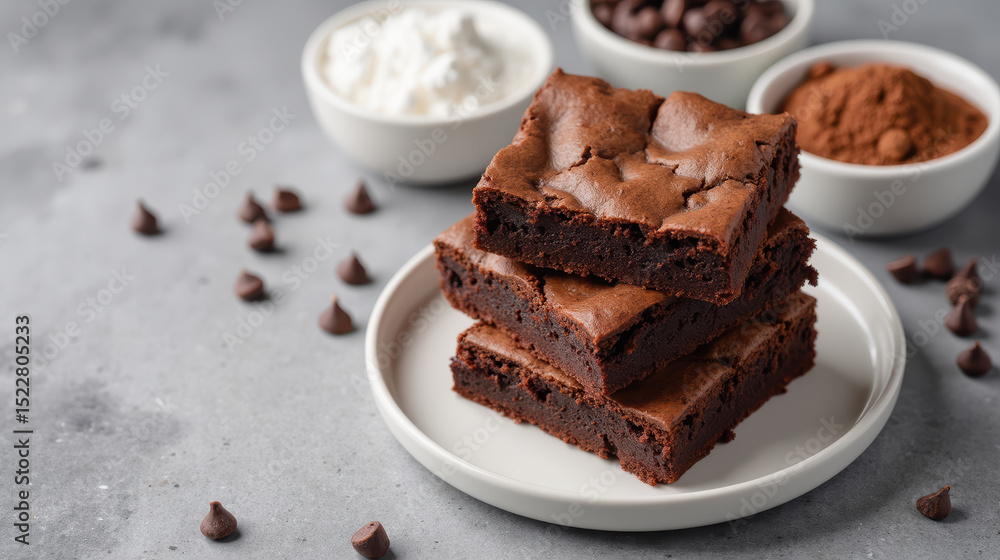 Delicious brownies stacked on plate, surrounded by chocolate chips, whipped cream, and cocoa powder, creating tempting dessert scene Delicious brownies stacked on plate, surrounded by chocolate chips, whipped cream, and cocoa powder, creating tempting dessert scene