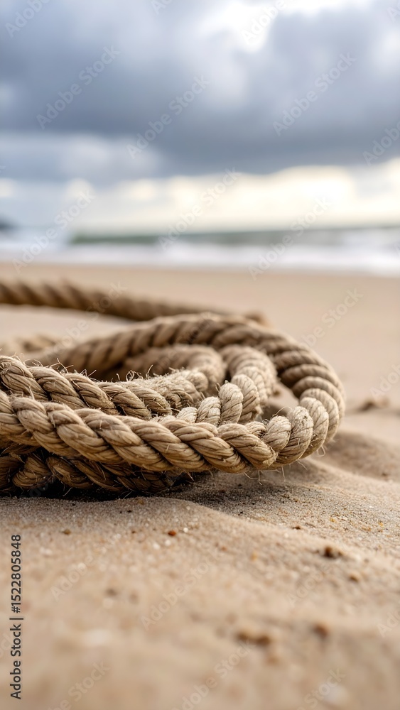 Fototapeta premium Macro shot of thick twisted rope on wet sand, ocean tide softly reaching in the background, moody overcast lighting