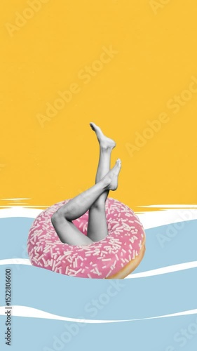 Motion poster trend art collage video of female legs swim lifebuoy donut sea