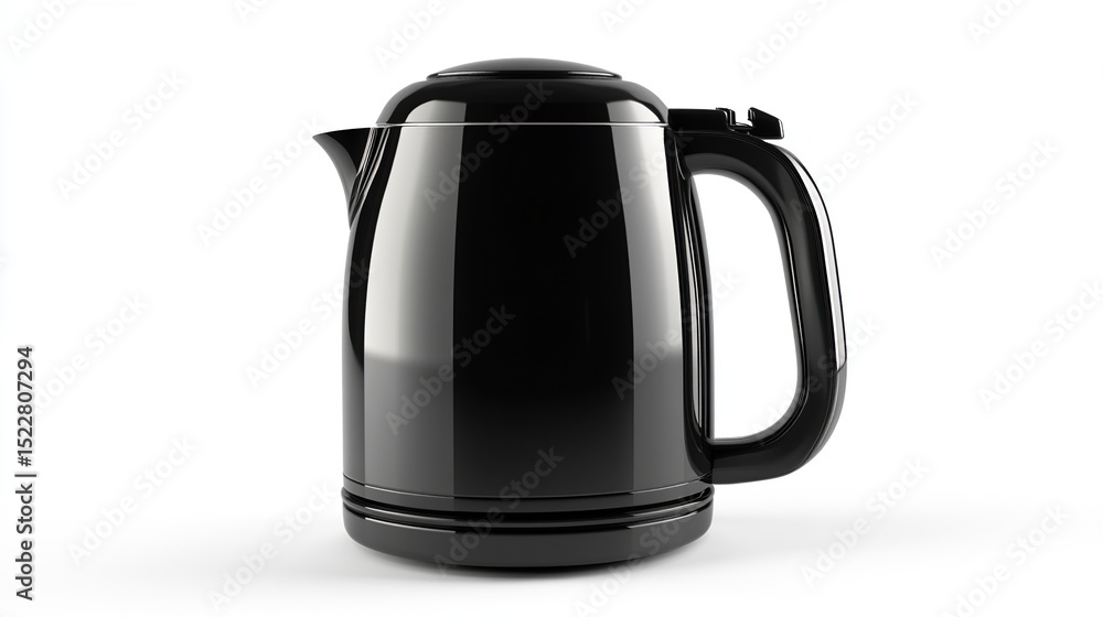 Sleek, black electric kettle with a curved body, a hinged lid, and an ergonomic handle; isolated on a white background Sleek, black electric kettle with a curved body, a hinged lid, and an ergonomic handle; isolated on a white background