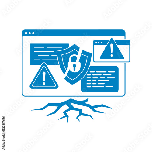 of a cracked browser window with warning signs and a broken security shield. Concept of cybersecurity breach, malware alert, or system vulnerability.