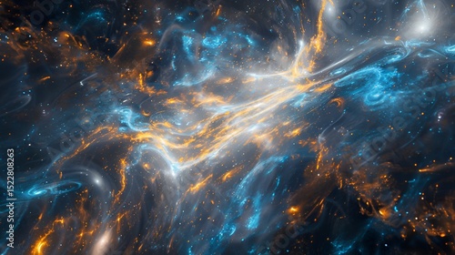 A detailed visualization of dark matter particles swirling in the void between galaxies.