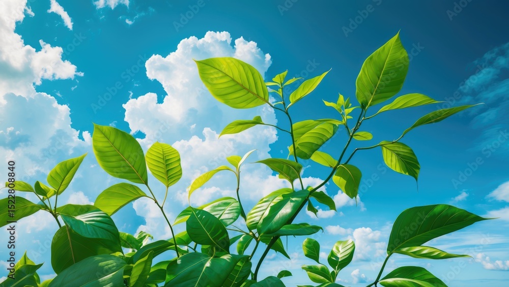 Obraz premium Green Leaves On Blue Sky And Clouds Background