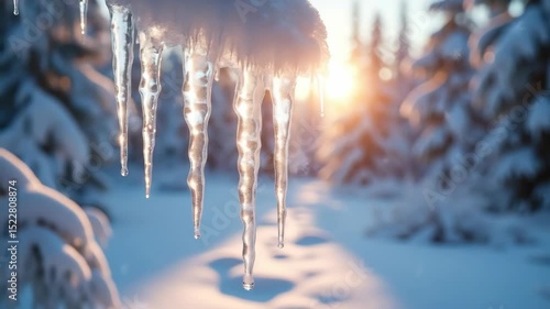Icicles hanging from snow-covered tree branch in winter sunlight  