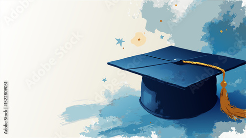 Vector Graduation Cap Background in Soft Blue & Gold – Celebratory & Uplifting Design with Copy Space