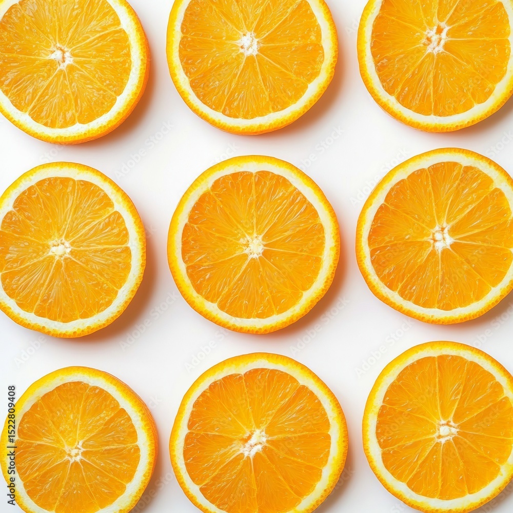 Fototapeta premium Fresh Orange Slices Arranged Neatly on White Background