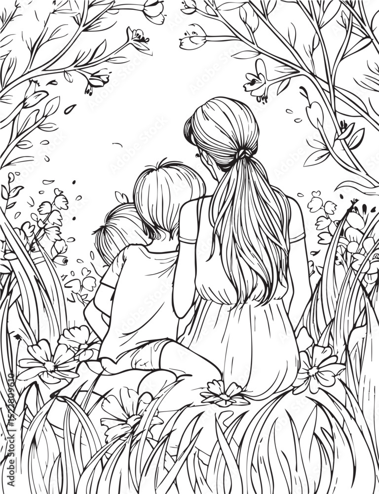 Obraz premium cartoon, illustration, vector, coloring, woman, coloring book, drawing, child, fairytale, love, people, cat, animal, family, children, outline, sketch, mother, art, fairy tale, baby, toy, comic, funny