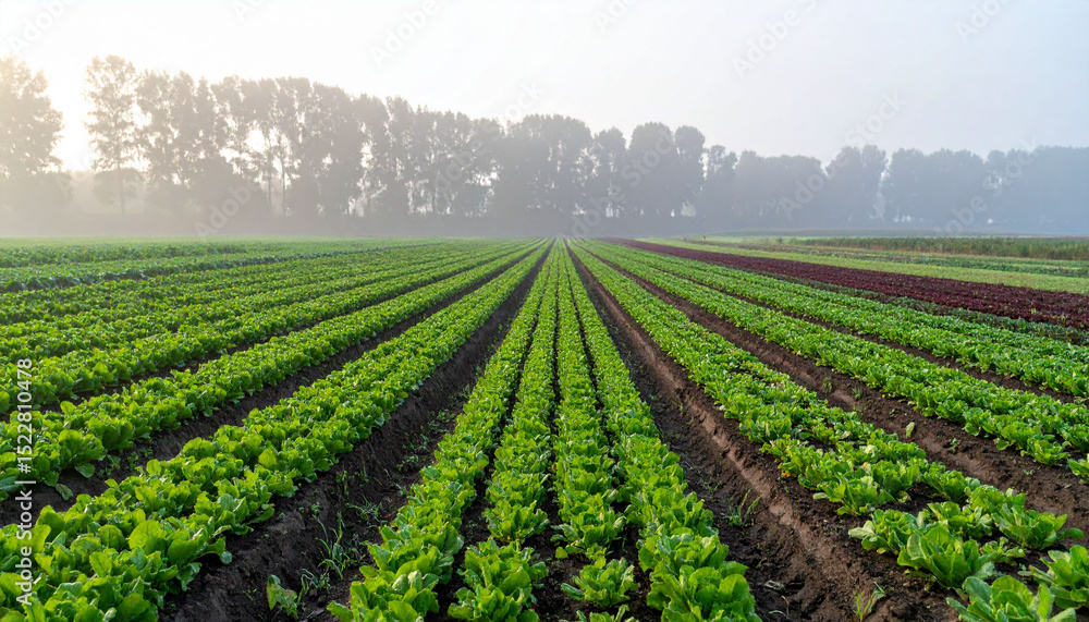 Obraz premium the image displays rows of leafy green crops stretching towards a line of trees in the distance, all under a slightly hazy sky. the crops are planted in neat rows, separated by dark soil