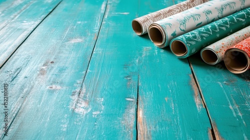 Wallpaper Mural An inviting scene featuring colorful rolls of decorative paper on a rustic wooden surface, perfect for illustrating creativity and artistic expression in various projects. Torontodigital.ca