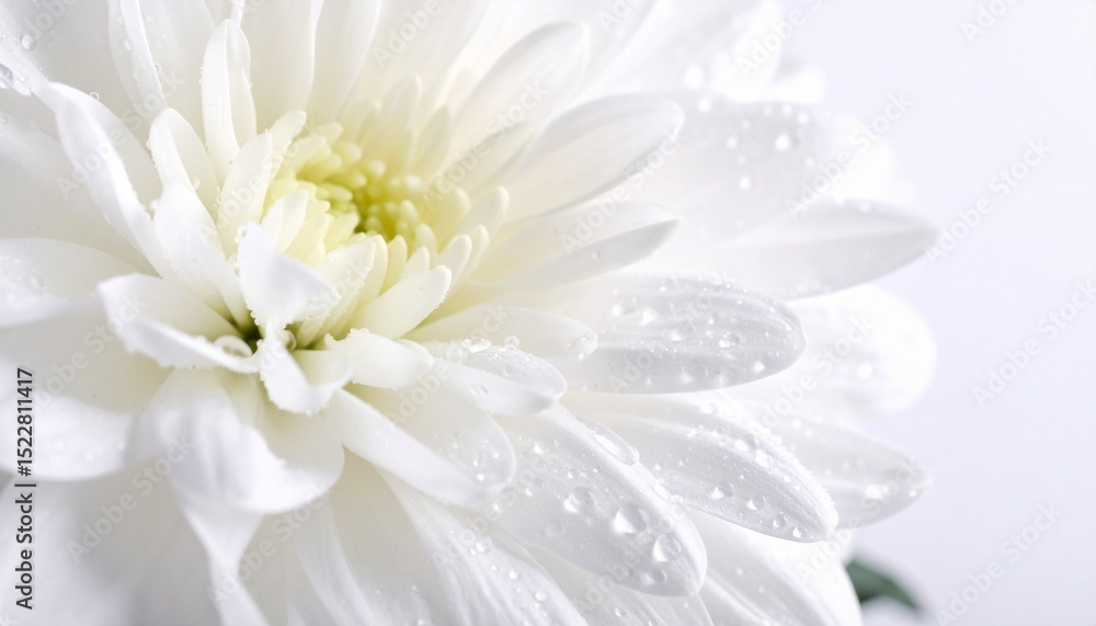 Obraz premium beautiful white chrysanthemum with dewdrops sticking to the flower on a white background. natural texture with sharp and rough edges in a minimalist layout, minimal background