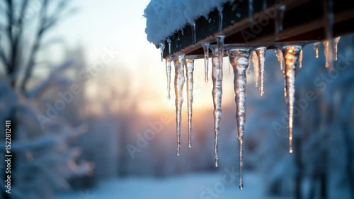 Icicles hanging from a snow-covered roof during winter sunset  