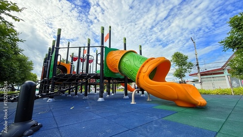 Slider bar toy outdoor playground, exercise of motor development. Outdoors, development and portrait of kids for playing, freedom and summer adventure with smile.