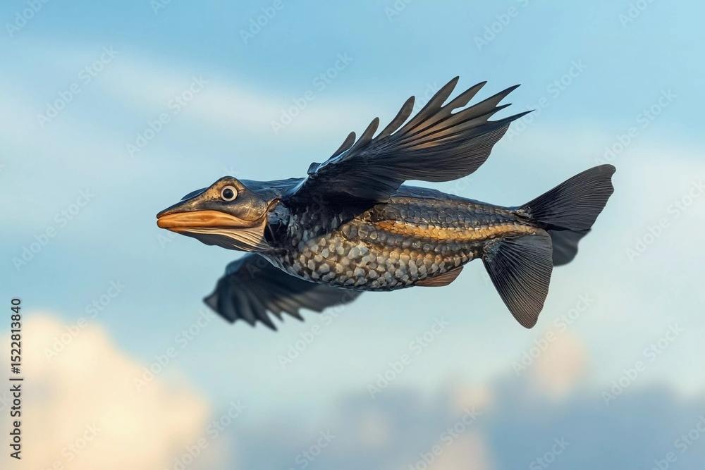 Obraz premium Unique depiction of a fish with wings soaring through a bright blue sky filled with clouds