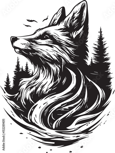 fox, animal, wolf, cartoon, vector, head, dog, illustration, wild, wildlife, mammal, tattoo, fur, cat, nature, red fox, canine, drawing, cute, mascot, black, design, predator, coyote, beast