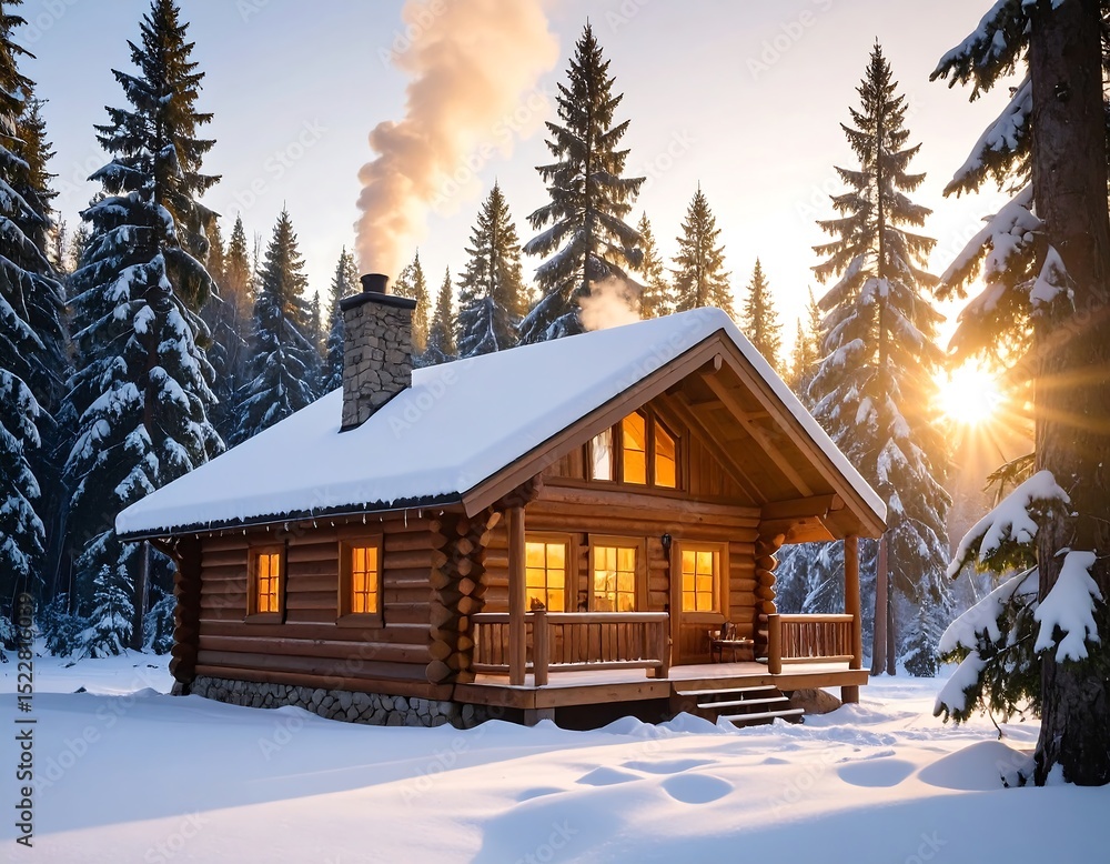 Cozy log cabin in snowy forest at sunrise Cozy log cabin in snowy forest at sunrise