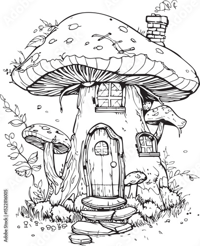 cartoon, mushroom, illustration, coloring book, vector, coloring, drawing, fairytale, child, forest, nature, funny, art, cat, fairy tale, animal, black, sketch, fun, fungus, toy, children, fairy-tale,