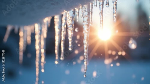 Icicles hanging from roof with sunlight shining in winter landscape  
