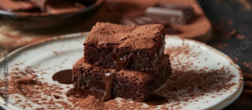 A decadent dessert plate featuring a tower of chocolate brownies, oozing with layers of melted chocolate syrup and garnished with cocoa powder. 40k, full ultra hd, high resolution