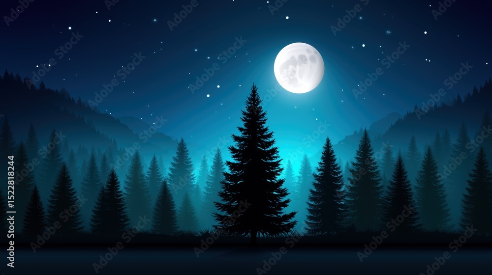 Fototapeta premium Full moon and stars over a silhouetted pine forest, illustration