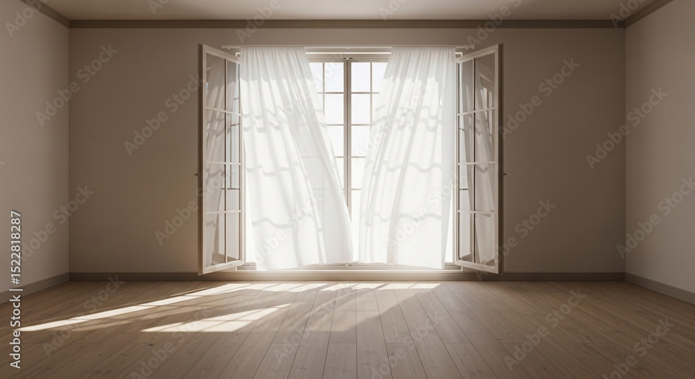 Obraz premium Sunlit Room: Sunlight streams through an open window, illuminating a simple, elegant interior. The scene evokes a feeling of peace and serenity.
