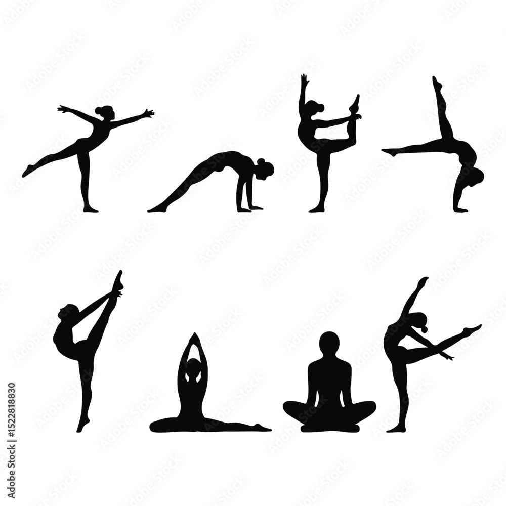 Fototapeta premium Silhouette Group of Sporty Woman Poses in Active Lifestyle on White Background