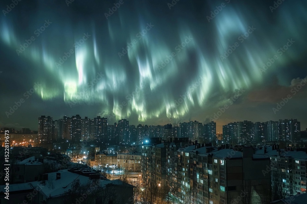 Fototapeta premium Aurora-like phenomenon illuminates city skyline with vibrant lights against a darkening twilight backdrop