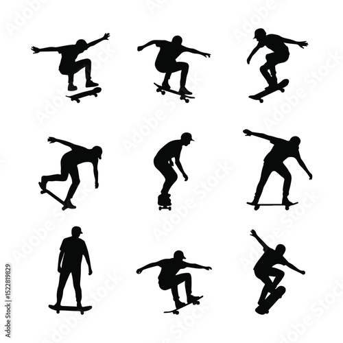 Skateboarders Silhouettes Set, Sport Activity Figures Collection on White Background
