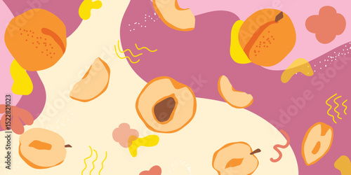 Vector seamless pattern with hand drawn elements, abstract background and peaches