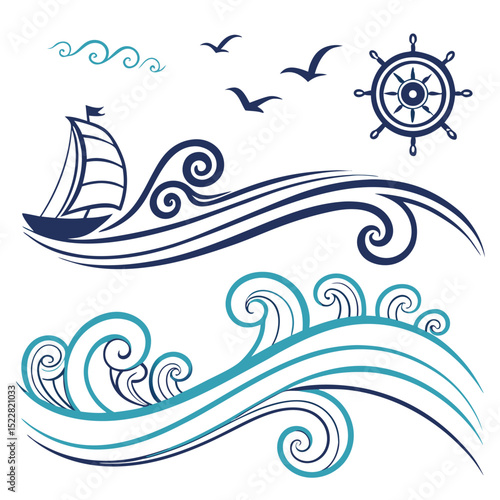 Abstract ocean wave minimalist design blue swirl fluid art background sea line water curve vector