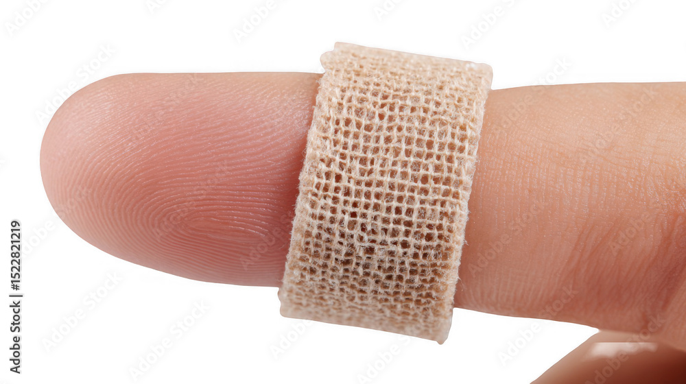 Obraz premium Medical tape wrapped around a fingertip, providing support and protection with a transparent background for easy integration into various projects