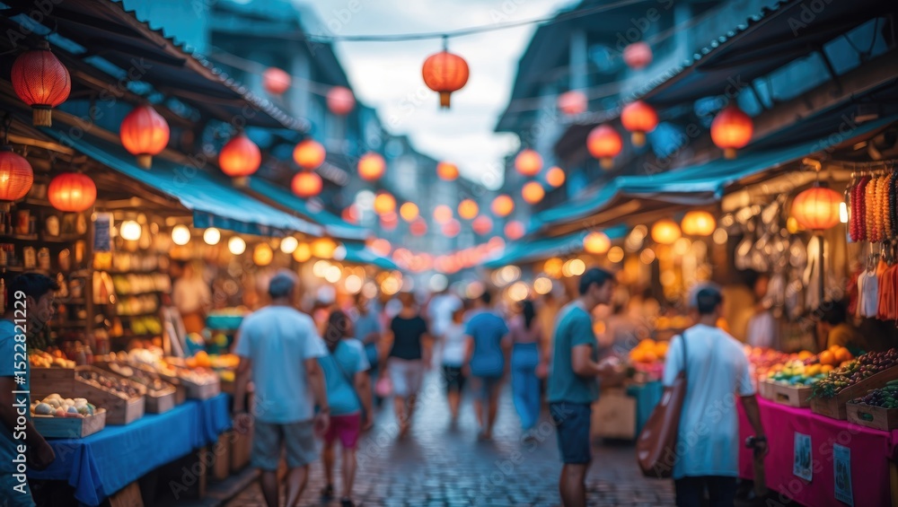 Obraz premium Blurred background of a vibrant and bustling street market during summer with colorful stalls and people creating a lively atmosphere, showcasing local culture and unique goods.