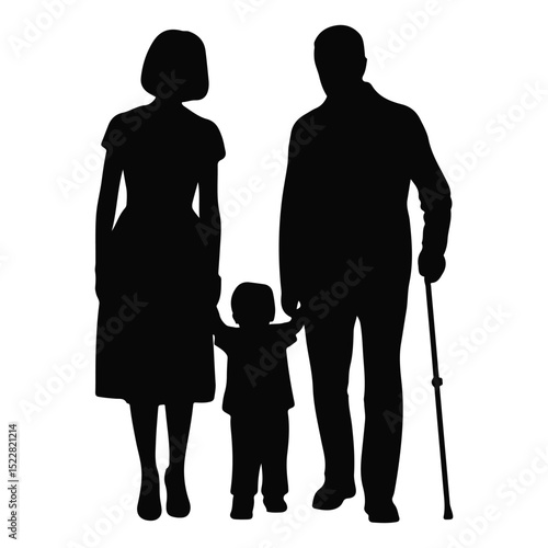 Family Silhouette with Child Holding Hands with Parents and Grandparent with Stick