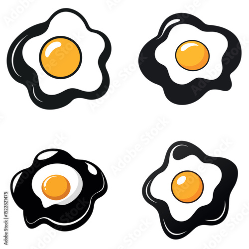 Four Fried Egg Illustrations with Yellow Yolks and Black and White Designs on White