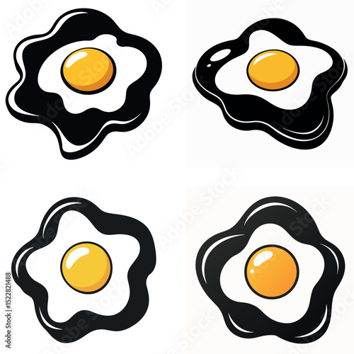Four stylized illustrations of fried eggs with bright yellow yolks and black whites