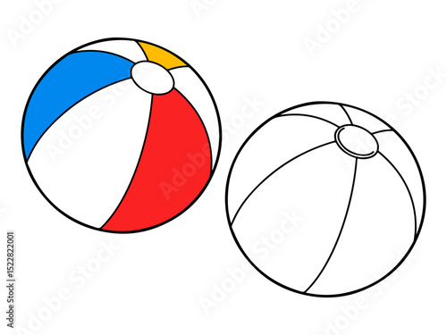 Colorful beach ball illustration, with one colored version and one black and white outline. Ideal for summer fun graphics or coloring pages.