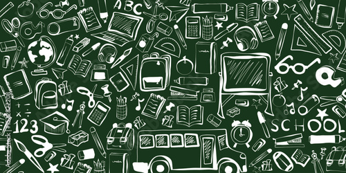 Hand drawn seamless vector pattern of school supplies on green background, school, office, stationery, school items