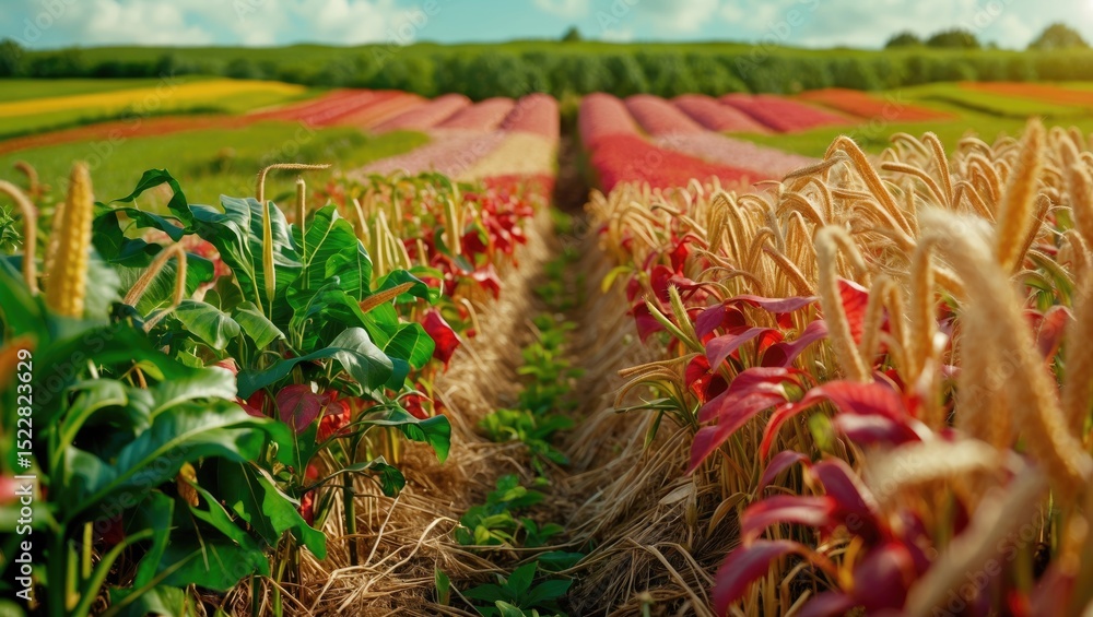 Obraz premium Agricultural crops in vibrant fields with diverse plant varieties and colorful rows.