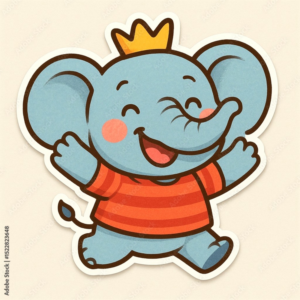 Fototapeta premium Cartoon sticker of a joyful blue elephant with tiny tusks and round cheeks; large floppy ears