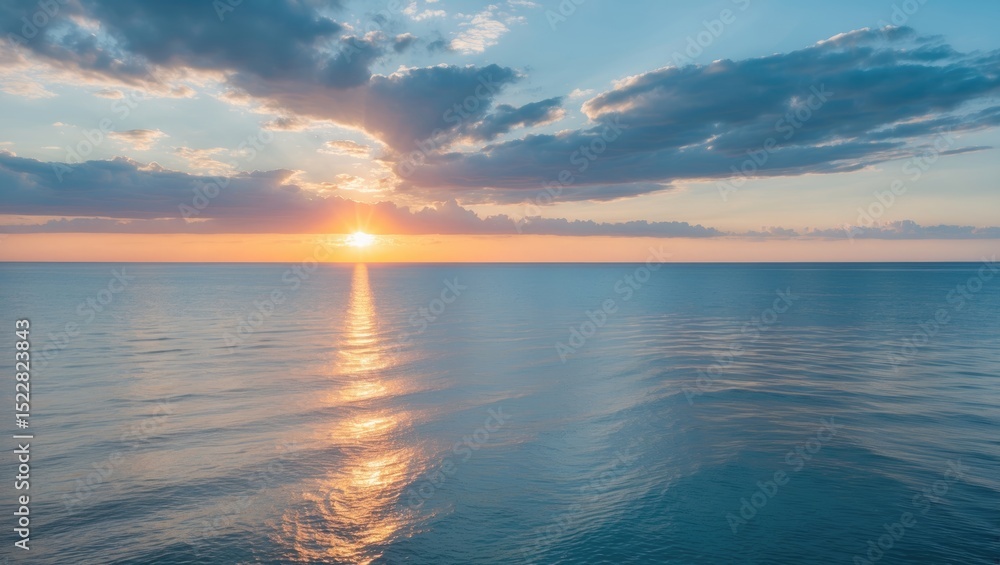 Obraz premium Sunset over the ocean with clouds and calm water, capturing the beauty of the sea at dusk.