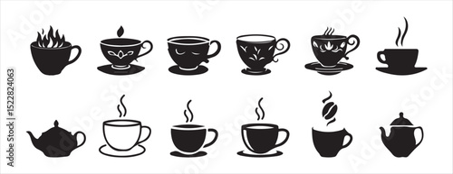 Collection of Coffee and Tea Cup Icons – Black and White Hot Drink Vector Set. Victor illustration eps 10